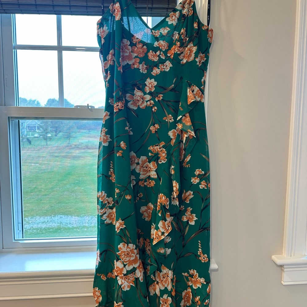 Bardot Asymmetrical Dress in Green and Peach Floral